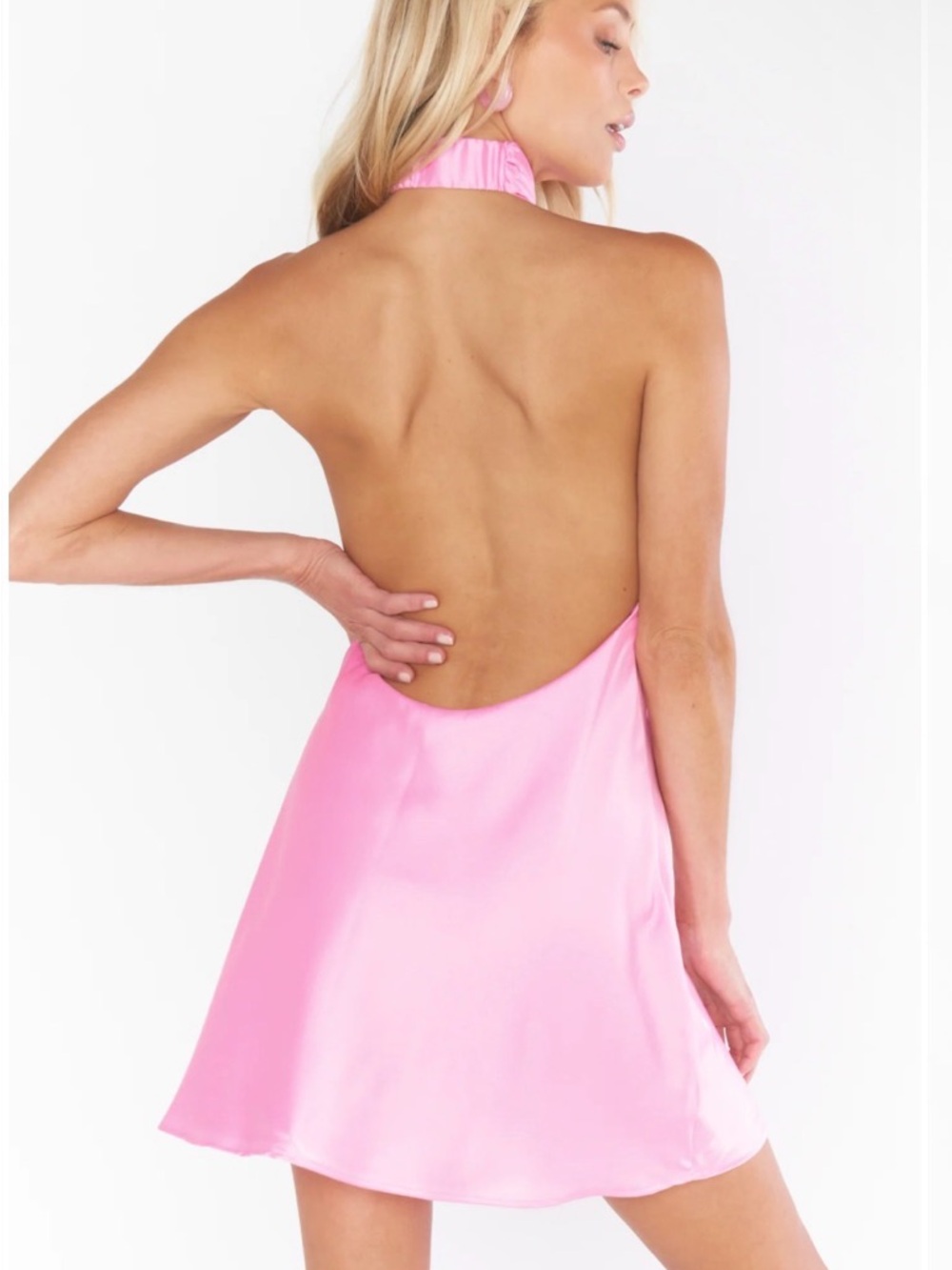 Show Me Your Mumu Jasmine Halter Mini Dress in Pink Luxe Satin Size Large $148 - Picture 3 of 11